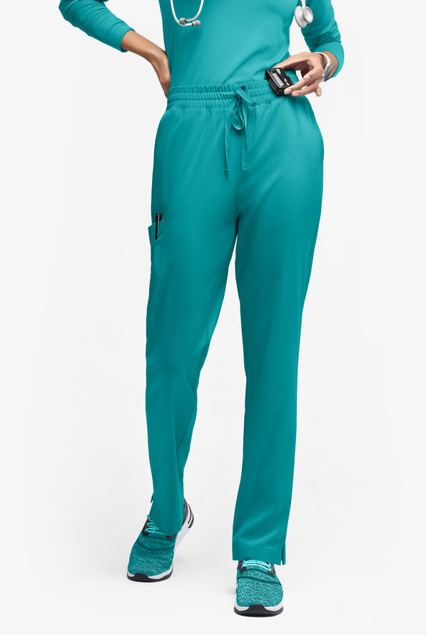 Easy STRETCH Naya Women’s Natural Waist 6-Pocket Straight Leg Scrub Pants - Petite - Teal - 1