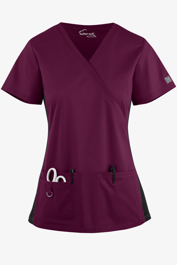 Blusa m&eacute;dica Butter-Soft STRETCH con paneles laterales de punto tejido y 3 bolsillos para mujer - Wine/Black - 1