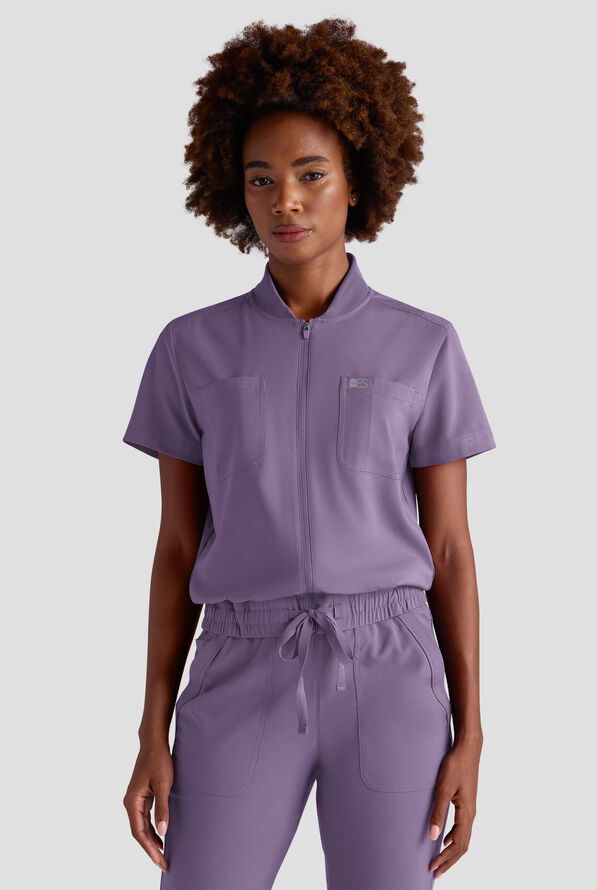 Easy STRETCH Nika Women's Zip Front Scrub Top– 2-Piece Jumpsuit Top - Purple Dusk - 1