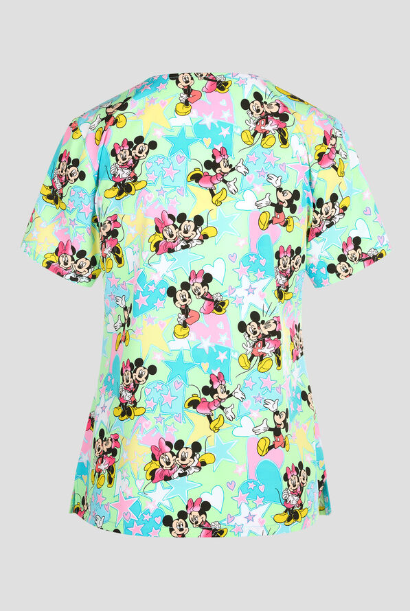 Tooniforms Disney's Mickey Love And Magic Women's 3-Pocket STRETCH V-Neck Print Scrub Top - null - 2