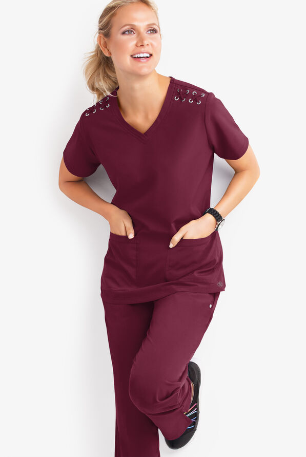 Blusa médica Easy STRETCH Leila con ojales y lazos para mujer - Wine - 2