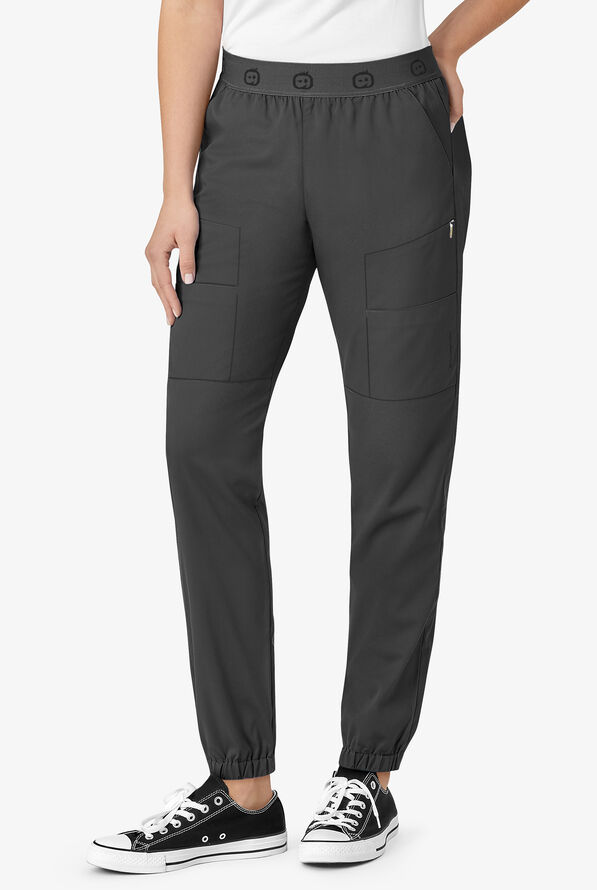 WonderWink PRO Women's 8-Pocket STRETCH Elastic Waist Cargo Jogger Scrub Pants - Petite - Black - 1