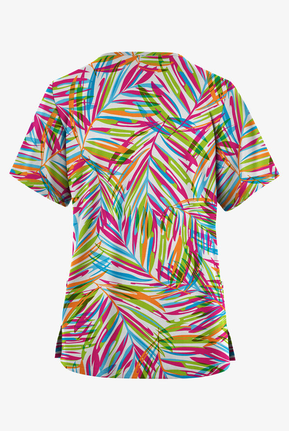 Butter-Soft Originals Palm Paradise White Women's 2-Pocket V-Neck Print Scrub Top - null - 2