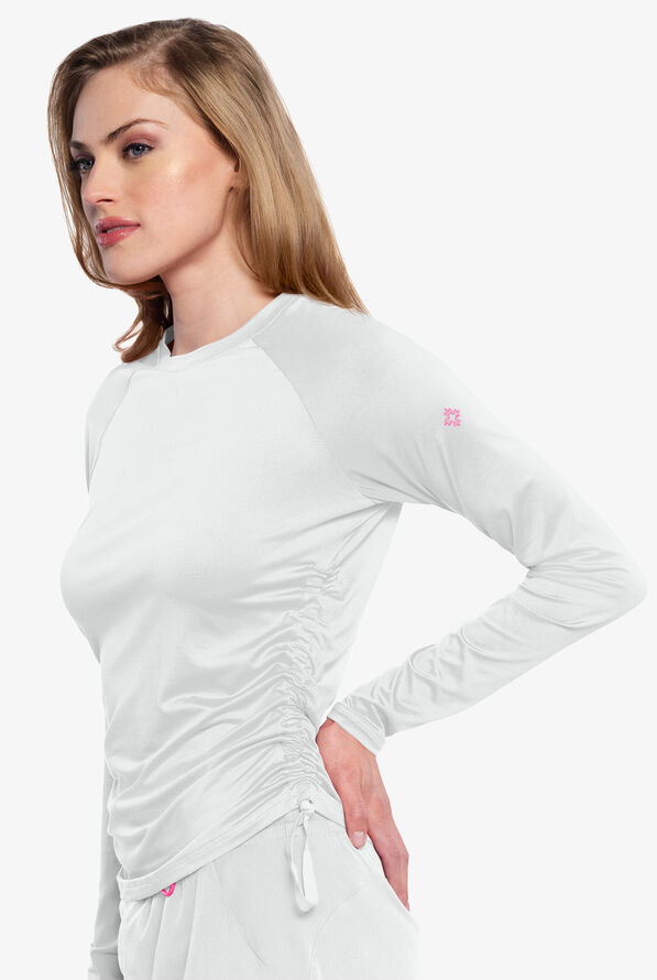 Med Couture Layers Women's STRETCH Ruched Long Sleeve Round Neck Knit Underscrub - White - 3