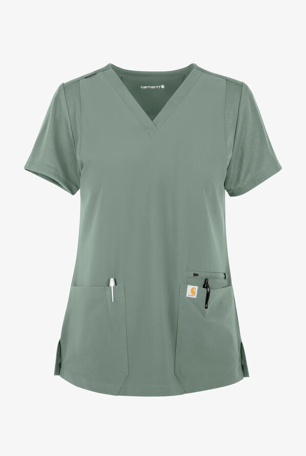 Carhartt Cross-Flex Force Women's 3-Pocket STRETCH Knit Panel Scrub Top - Green Slate - 1