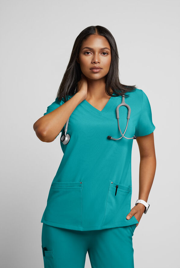 Easy STRETCH Lina Mitered Women's 4-Pocket V-Neck Scrub Top - Teal - 2