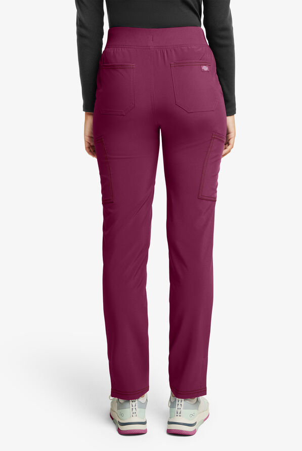 Dickies Riveting Women's 6-Pocket STRETCH Rib-Knit Waist Contrast Stitching Cargo Scrub Pants - Wine - 2
