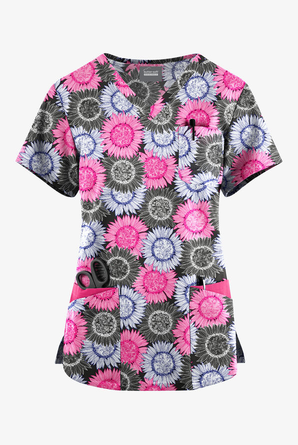 Butter-Soft Originals Sunflower Field Black Printed Women's 7-Pocket Curved V-Neck Scrub Top - null - 1