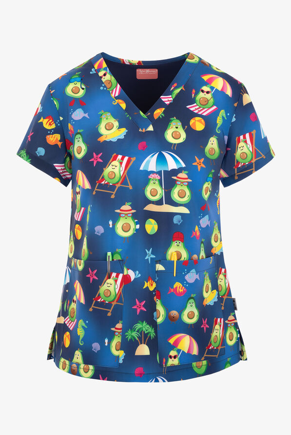 Zavate Ava Therese Avocado Paradise Women's 2-Pocket STRETCH V-Neck Print Scrub Top - null - 1
