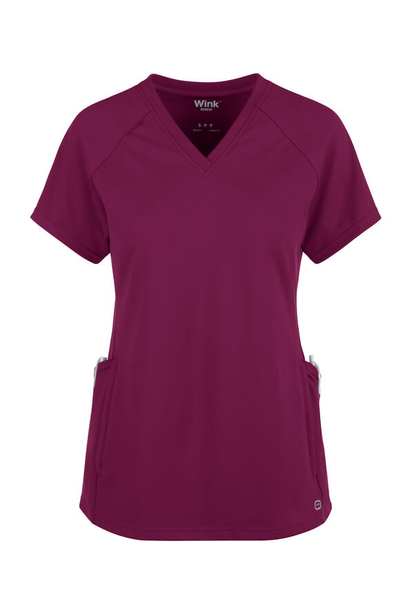 Wink Renew Knit Women's 4-Pocket STRETCH Rib-Knit Side Panel Raglan Sleeve V-Neck Scrub Top - Wine - 1