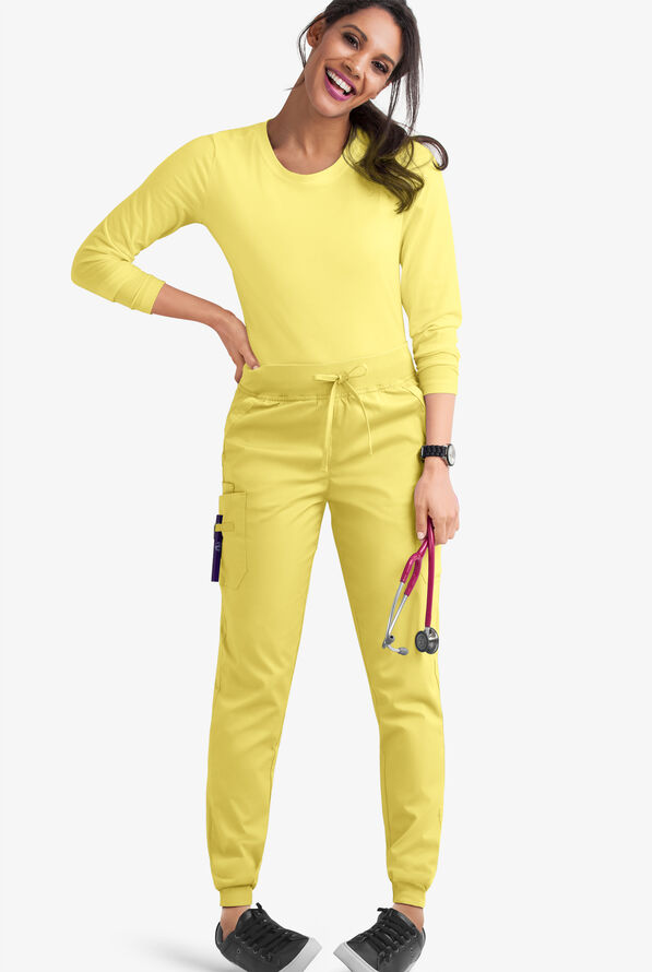 Butter-Soft STRETCH Women's 5-Pocket Cargo Jogger Scrub Pants - Petite - Lemon Sherbet - 2