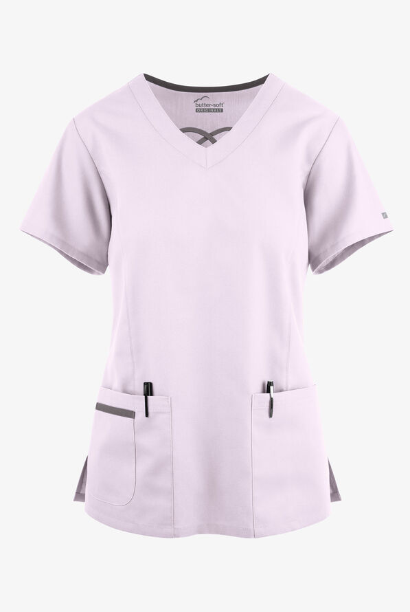 Blusa médica Butter-Soft Originals con cuello entrecruzado en contraste y 3 bolsillos para mujer - Orchid Petal/Greystone - 1