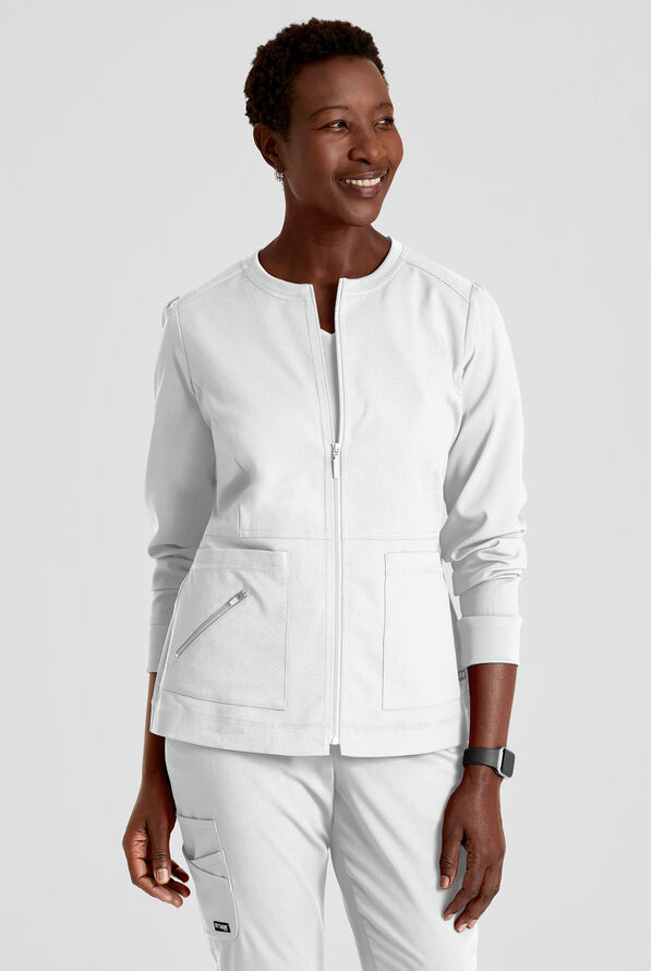 Grey's Anatomy by Barco Spandex STRETCH Millie Women's 3-Pocket Zip Front Warm Up Scrub Jacket - White - 2