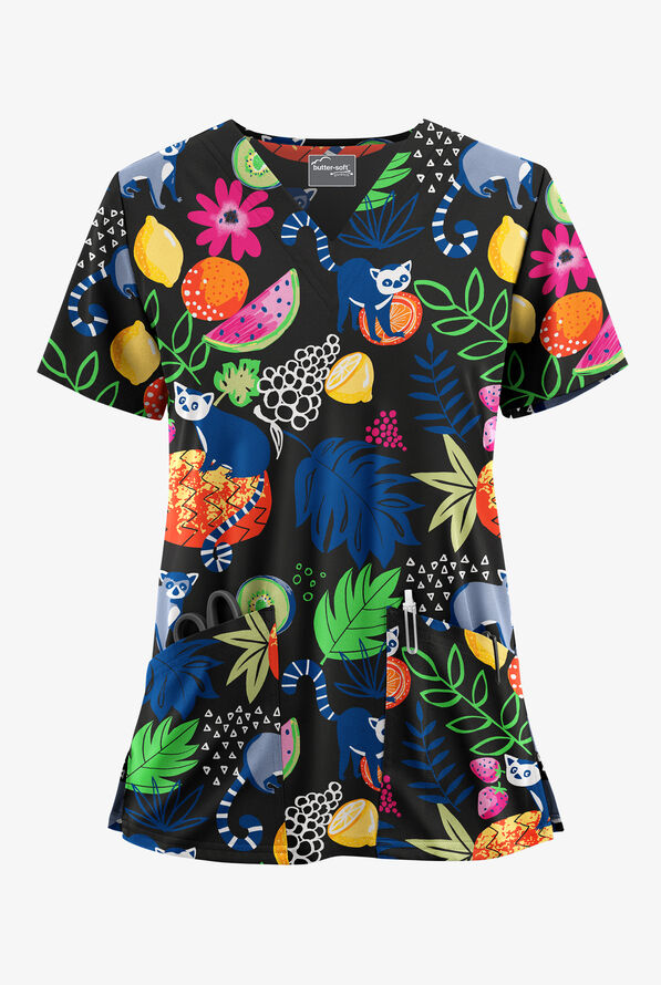Butter-Soft STRETCH Lemur Land Women's V-Neck 2 Pocket Print Scrub Top - null - 1