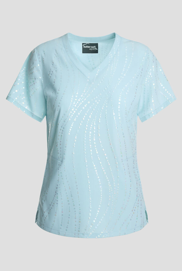 Butter-Soft STRETCH Rhythmic Waves Salt Blue Women's 2-Pocket  V-Neck Print Scrub Top - null - 1