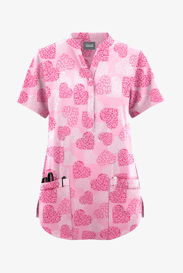 Butter-Soft Originals Power Of Love Blush Women's 6-Pocket Mandarin Collar Print Scrub Top - null - 1
