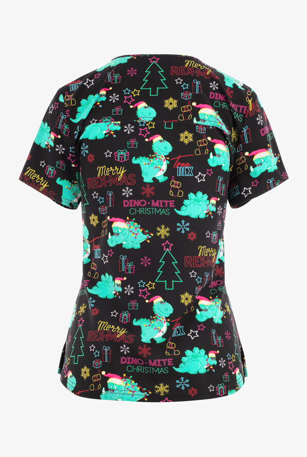 Dickies EDS Merry Rex-mas Dinosaur Women's 2-Pocket STRETCH V-Neck Print Scrub Top - null - 2