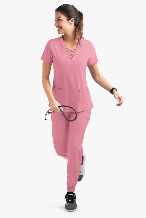 Easy STRETCH Gisele Women's 4-Pocket Lace Up V-Neck Scrub Top - Cashmere Rose - 6