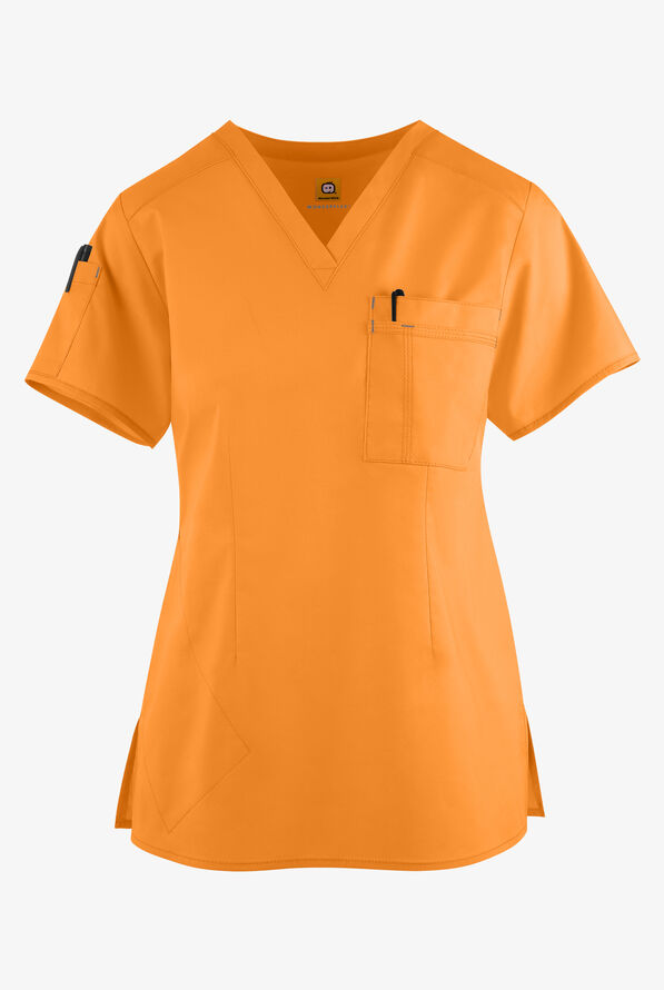 WonderWink WonderFlex Women's 4-Pocket STRETCH  Tuck In V-Neck Scrub Top - Mango/Pewter - 1