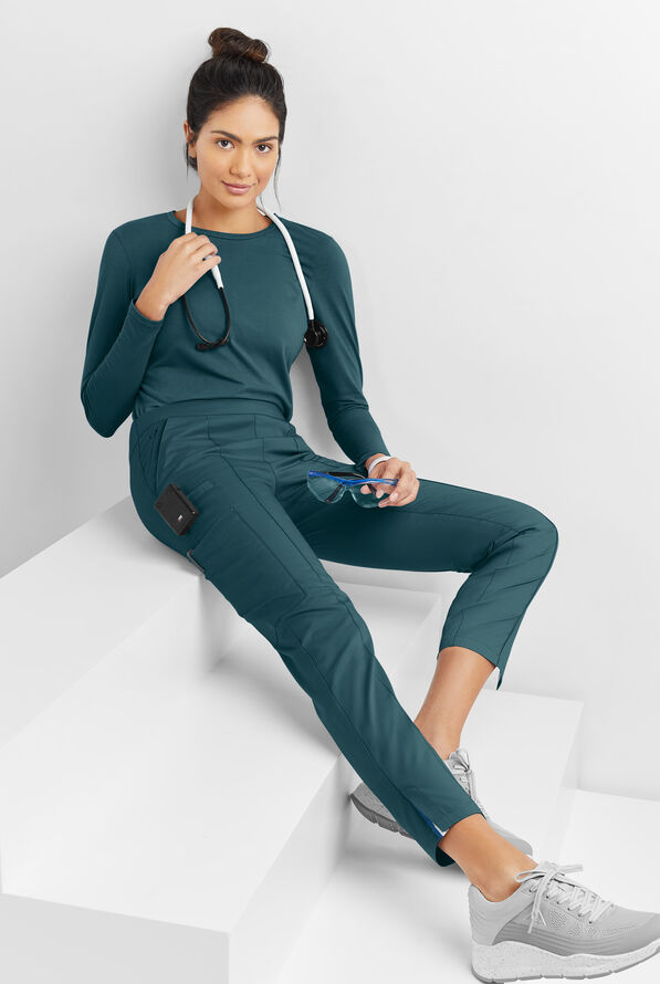 Butter-Soft STRETCH Women's 6-Pocket Pin-Tuck Crop Slim with Sport Trim Detail Scrub Pants - Caribbean Blue/Navy - 8