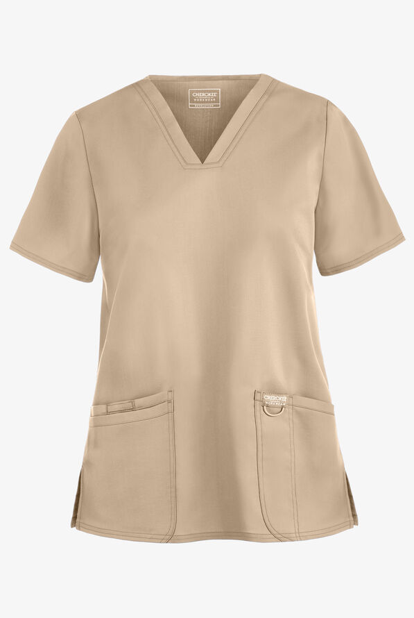 Cherokee Workwear Revolution Women's 3-Pocket STRETCH V-Neck Scrub Top - Khaki - 1