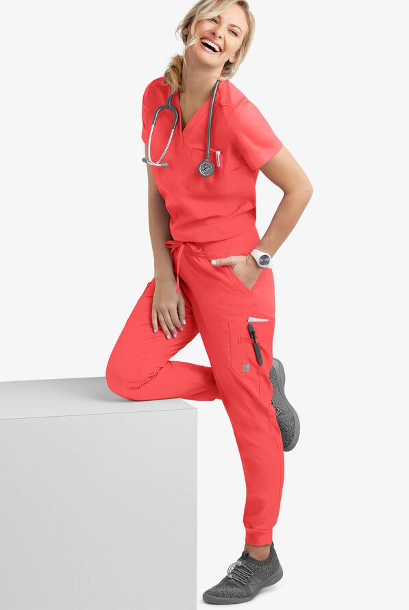 Butter-Soft STRETCH Women's 1-Pocket V-Neck Tuck-In Scrub Top - Radiant Red - 2