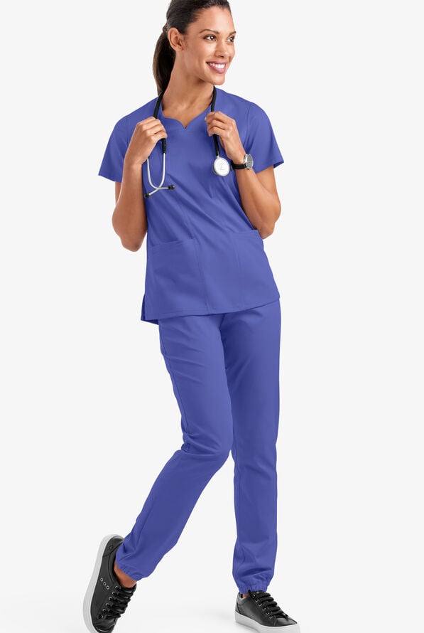 Butter-Soft STRETCH Women's 4-Pocket Sweetheart Neck Scrub Top - Amparo Blue - 2
