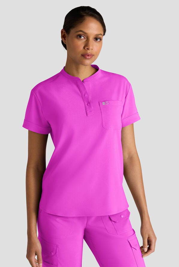 Easy STRETCH Bella Women's 1-Pocket Henley Scrub Top - Electric Fuchsia - 1