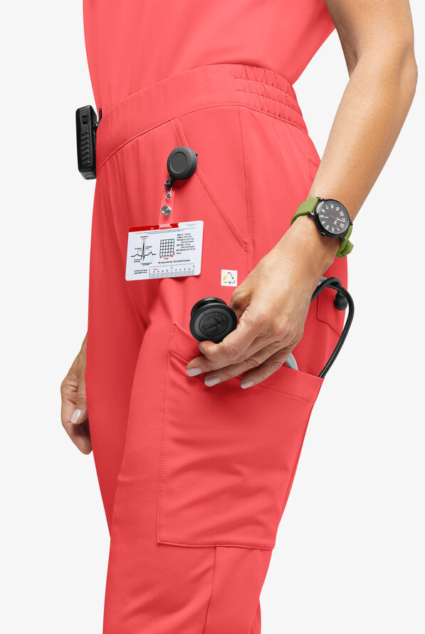 ReSurge Amber Women's Modern 7-Pocket Flat Front Slim Leg Jogger Scrub Pants - Petite - Coral Fizz - 2