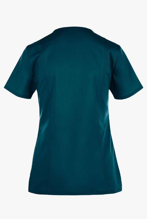 Cherokee Workwear Revolution Women's 2-Pocket STRETCH Mock Wrap Scrub Top - Caribbean Blue - 3