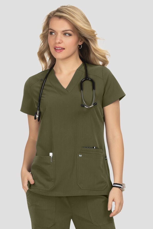 Blusa m&eacute;dica Koi Next Gen Hustle and Hear con cuello en V y 3 bolsillos para mujer - Olive - 2