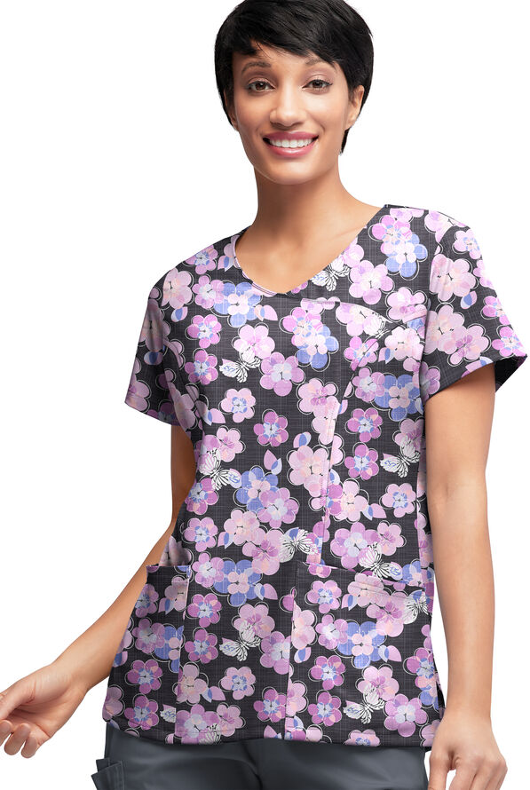 Strictly Scrubs STRETCH Blooms And Butterflies Women's 3-Pocket V-Neck Mock Wrap Print Scrub Top - null - 3