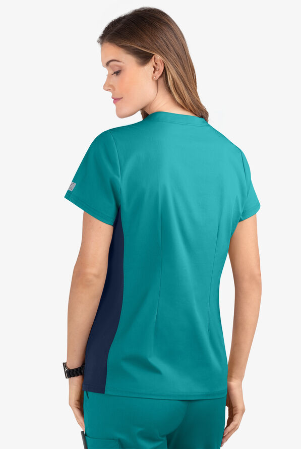 Butter-Soft STRETCH Women's 3-Pocket Contrast Scrub Top - Teal/Navy - 4