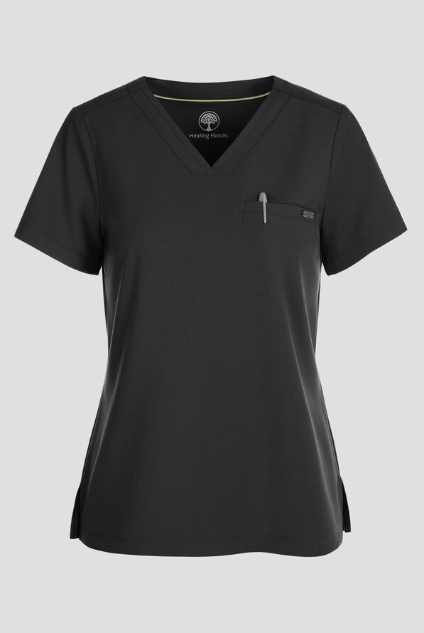 Healing Hands Quest Women's 1-Pocket STRETCH Tuck In V-Neck Scrub Top - Black - 1