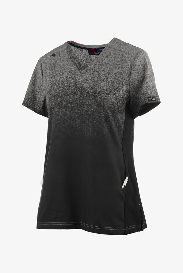 koi Basics Cali Ombre Heather Platinum Grey/ Black Women's 2-Pocket V-Neck Print Scrub Top - null - 3