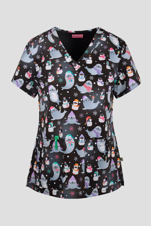 Blusa médica estampada Zavate Ava Therese Arctic Friends STRETCH con cuello en V y 2 bolsillos para mujer - null - 1
