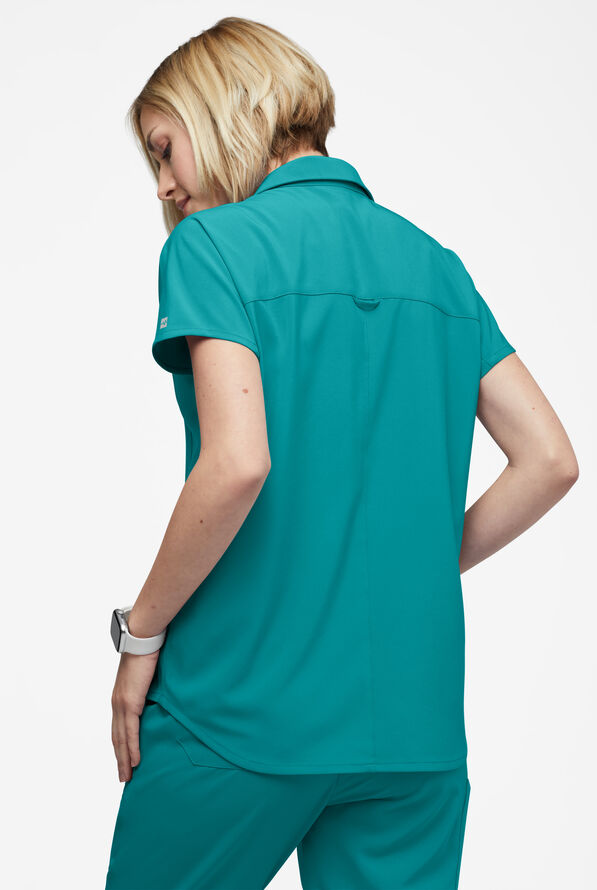 Easy STRETCH LEA Women's 3-Pocket Polo Collar Scrub Top - Teal - 4