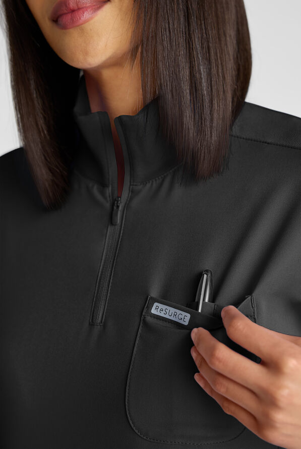 ReSurge Rhine Women's 5-Pocket Oversized Half Zip Stand Collar Scrub Top - Black - 4