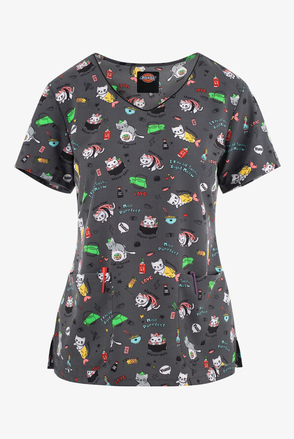 Dickies EDS Miso Purrfect Cat Women's 2Pocket STRETCH VNeck Print