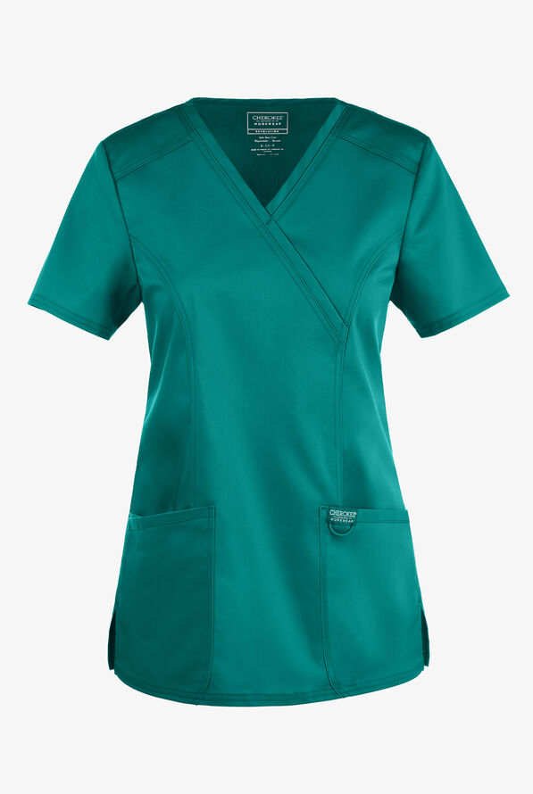Cherokee Workwear Revolution Women's 2-Pocket STRETCH Mock Wrap Scrub Top - Teal - 1
