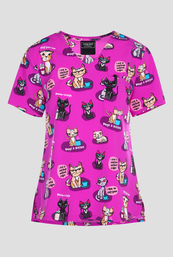 Cherokee Coffee Talk Cats Women's 2-Pocket STRETCH V-Neck Print Scrub Top - null - 1