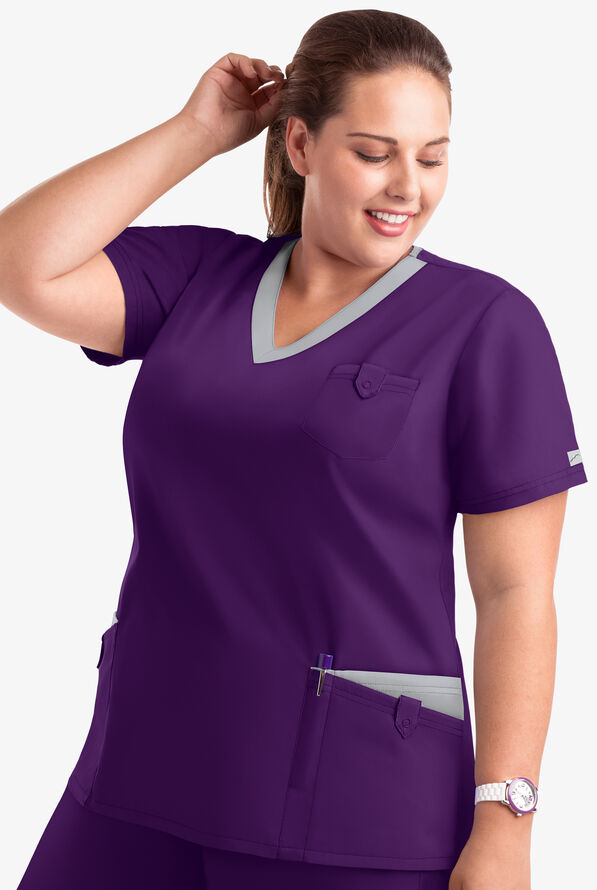 Butter-Soft Core Women's 5-Pocket Rounded V-Neck Scrub Top - Eggplant/Silver - 4