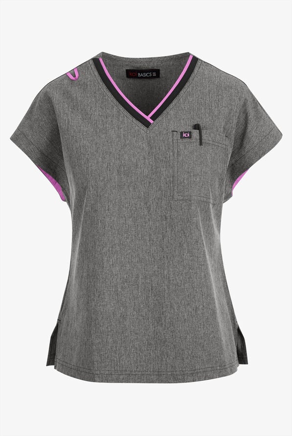 koi Basics Mckenna Women's 1-Pocket STRETCH V-Neck Dolman Sleeve Scrub Top - Heather Grey/Bloom Lavender - 1