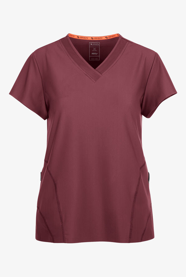 Infinity GNR8 Kinetic Knit Women's 2-Pocket STRETCH Mesh Overlay V-Neck Scrub Top - Plum Velvet - 1