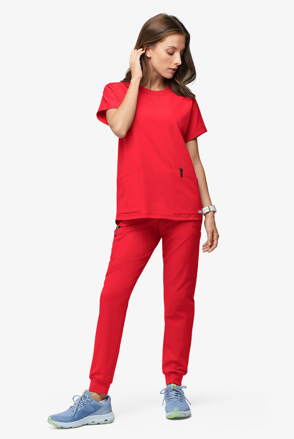 Blusa médica ReSurge con cuello redondeado y mangas dolmán para mujer - Atomic Red - 4
