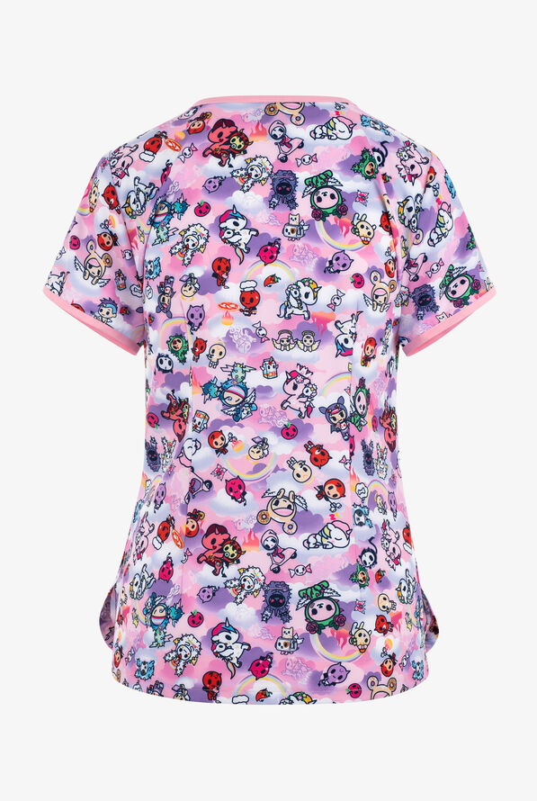 koi tokidoki Naughty and Nice Women's 3 Pocket STRETCH Y-Neck Print Scrub Top - null - 2