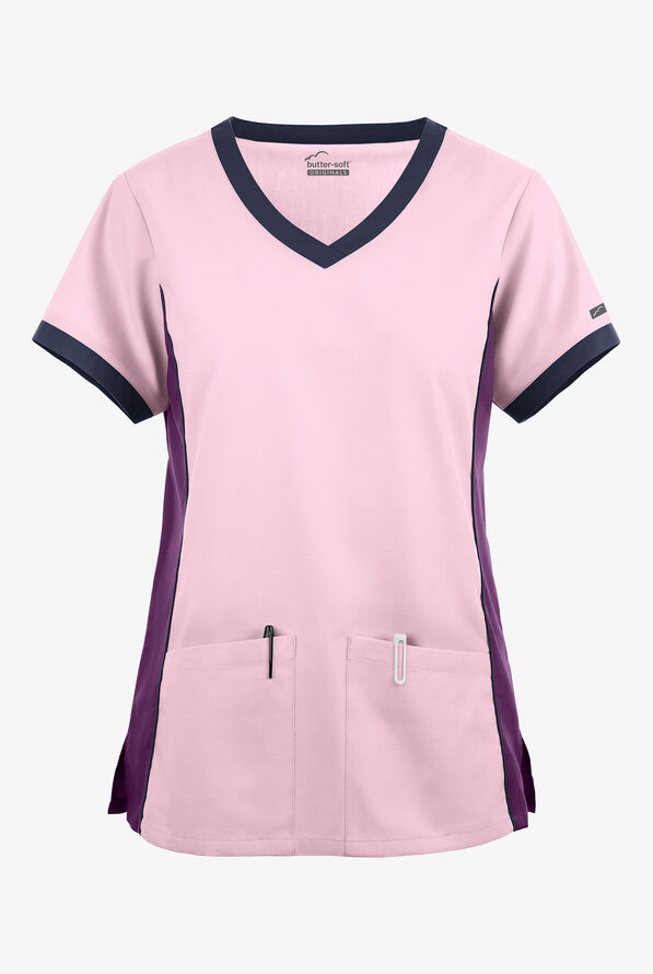 Blusa m&eacute;dica Butter-Soft Originals Tri-Colorblock con cuello en V y 4 bolsillos para mujer - Rose Quartz/Eggplant/Navy - 1