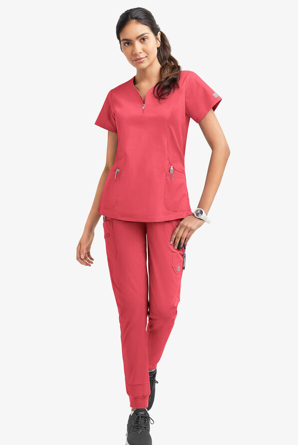 Butter-Soft STRETCH Women's 4-Pocket Curved Neck Zipper Scrub Top - Coral Spice - 2