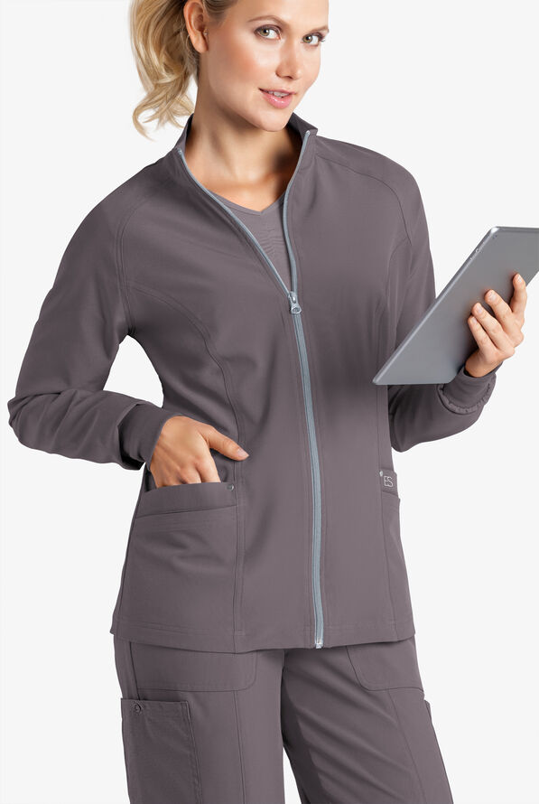 Easy STRETCH Zadie Women's 4-Pocket Raglan Scrub Jacket - Grey Stone - 2