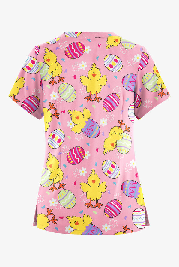 UA ButterSoft Easter Chick Blush Women's 6Pocket Scallop Neck Print